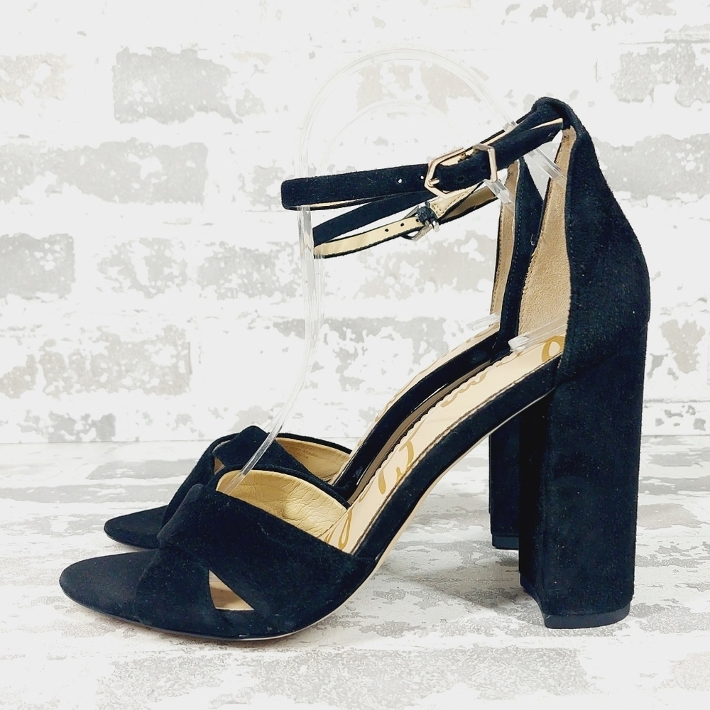 New Sam Edelman Yancy Black Suede Block Heel Ankle Strap Sandal Heels A605